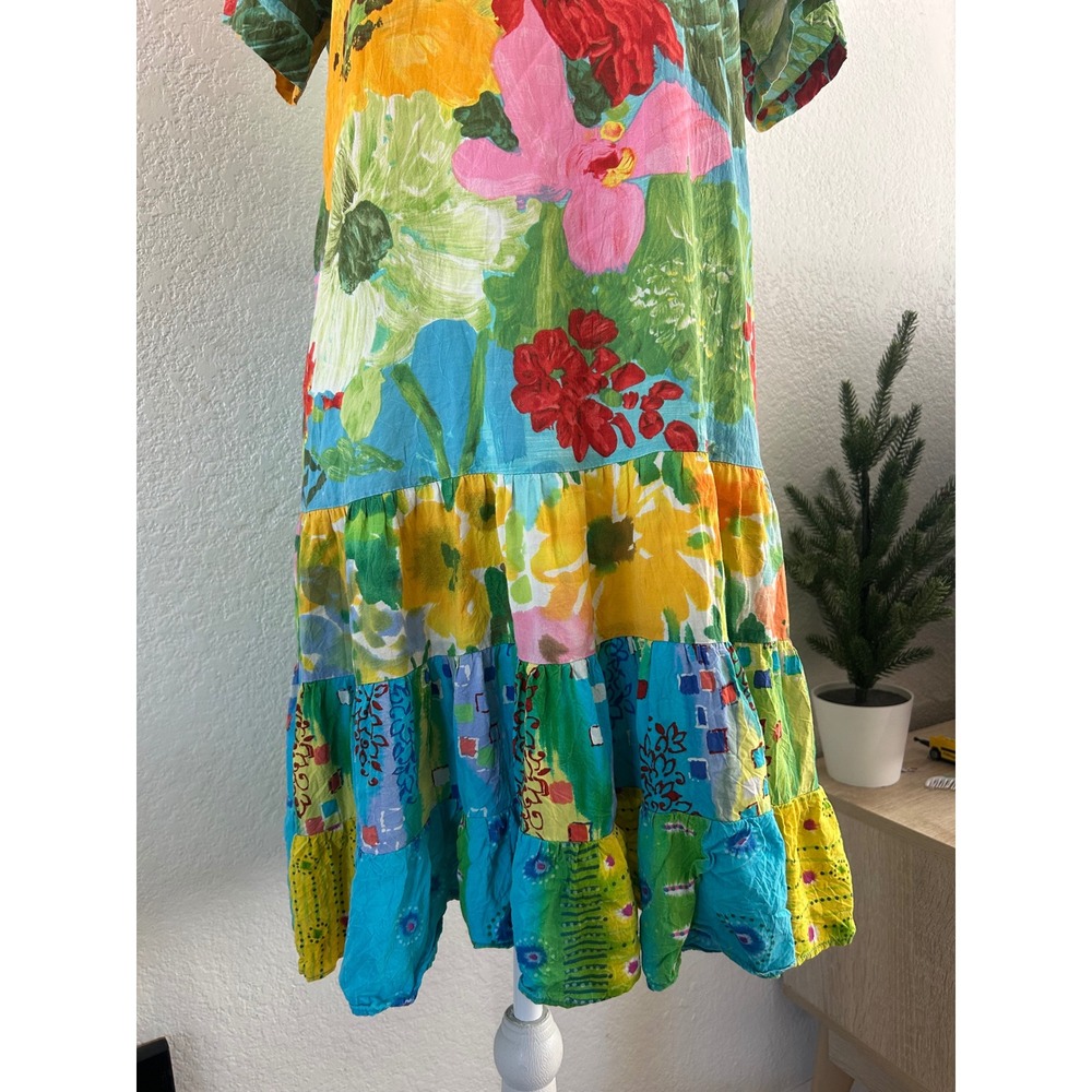 Vintage Jams World Tropical Floral Patchwork Tiered Midi Dress L 2000s Dopamine - Picture 10 of 13